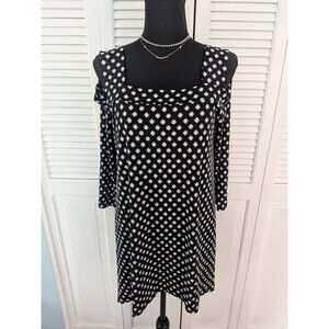 Chico's Top Women's M/1 Black White Geo Liquid Knit Stretch Cold Shoulder Tunic